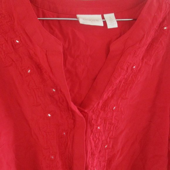 Chicos 3 XL top blouse tunic button front red embroidered tie front artsy - Picture 2 of 3